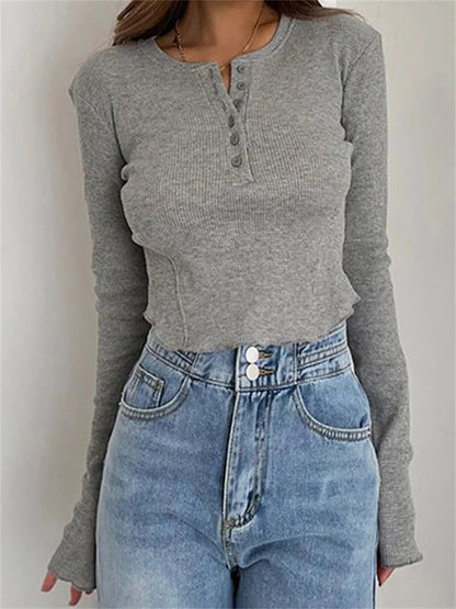 Ribbed Basic Long Sleeve Ruched Knitted Buttons Up T-shirts