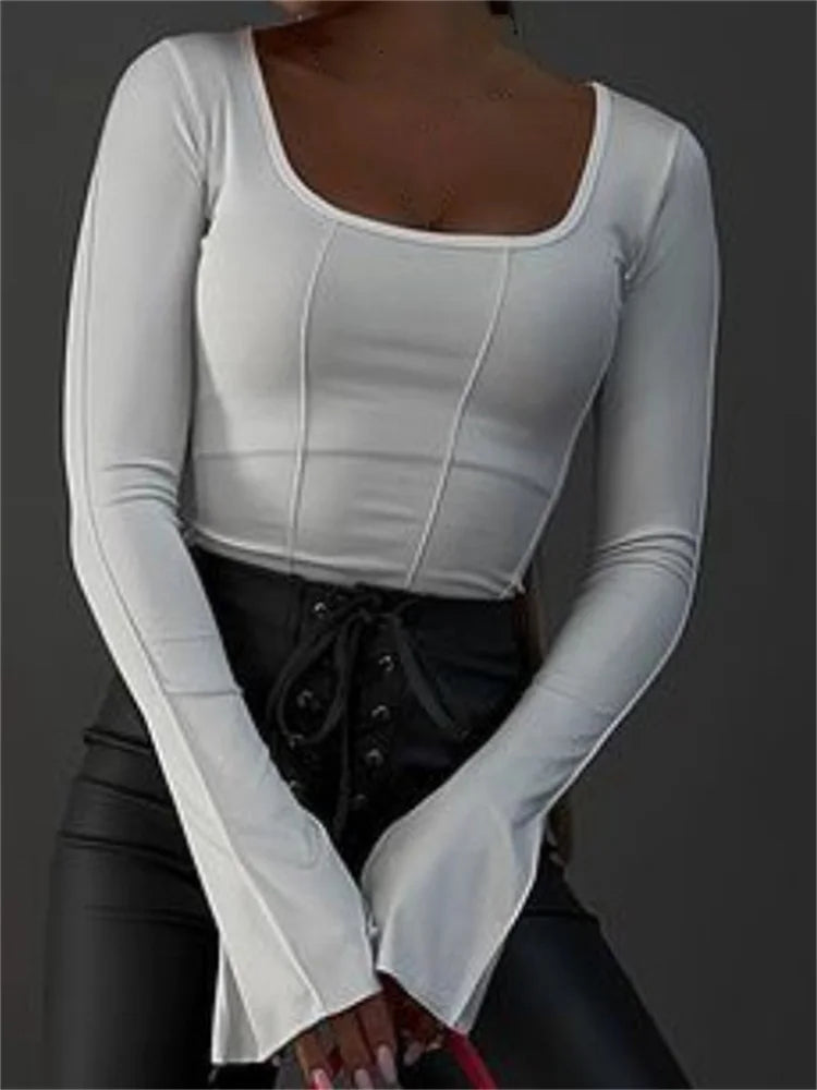 Square Neck Long Flare Sleeve Slim Fit Spring Autumn T-shirts