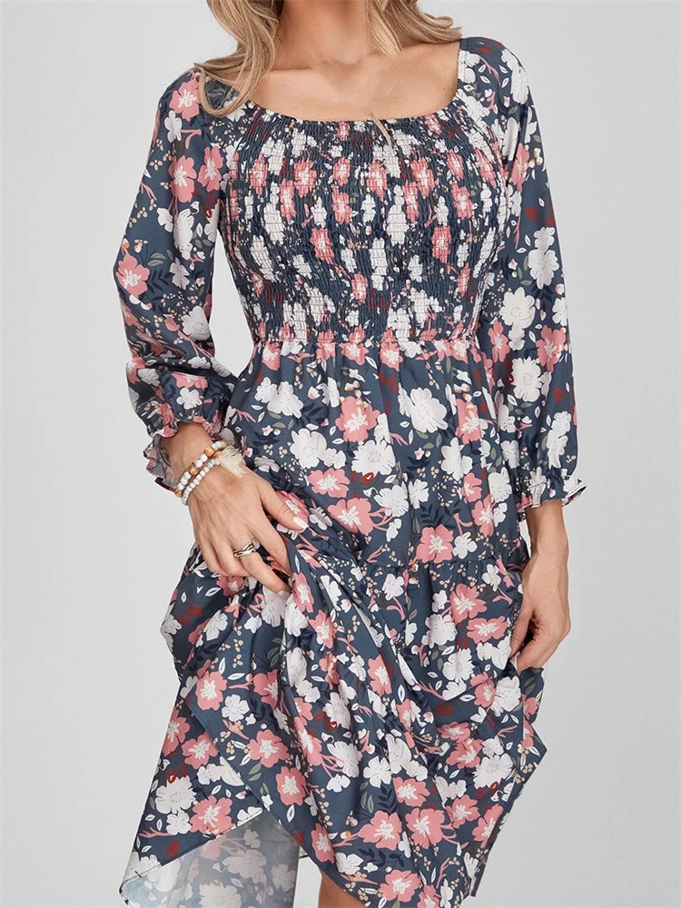 Print Long Sleeve High Waist A-line Midi Dress
