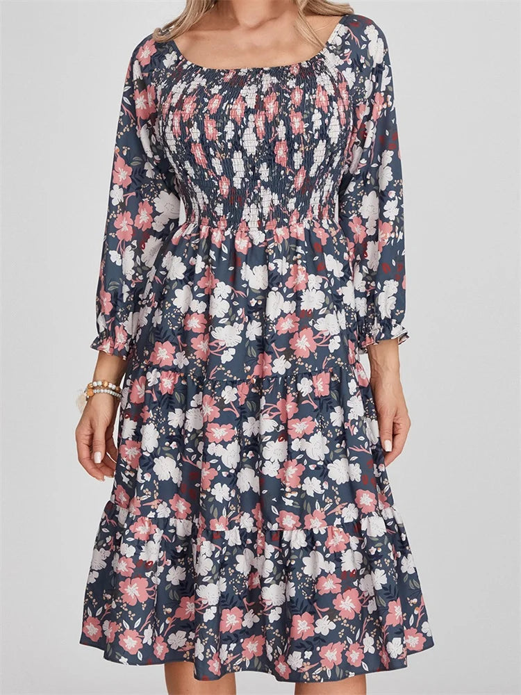 Print Long Sleeve High Waist A-line Midi Dress