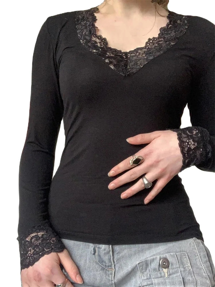 Lace Patchwork Fairy Grunge V Neck Long Sleeve Slim Fit Black T-shirts