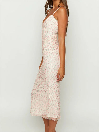Print Sleeveless Strap Summer Slim Fit V-neck Midi Dress