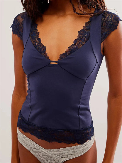 T-shirts V Neck Short Sleeve Backless Lace Patchwork Summer Party Slim Fit Tees Crop Top