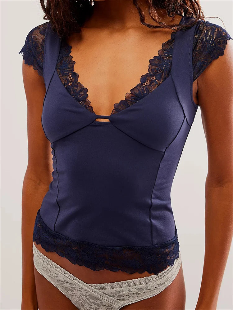 T-shirts V Neck Short Sleeve Backless Lace Patchwork Summer Party Slim Fit Tees Crop Top
