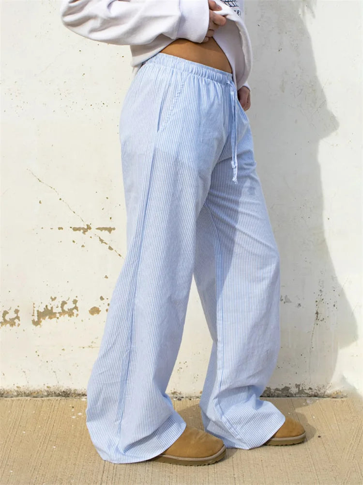 Striped Drawstring Loose Straight Summer Pant