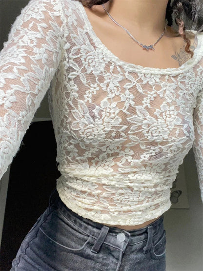 Fairy Grunge Kawaii Lace Mesh See Through White T-shirts