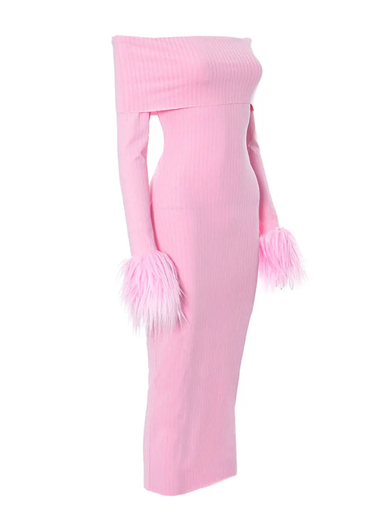 Knitted Long Sleeve Off-shoulder Fur Patchwork Ribbed Bodycon Midi Dress