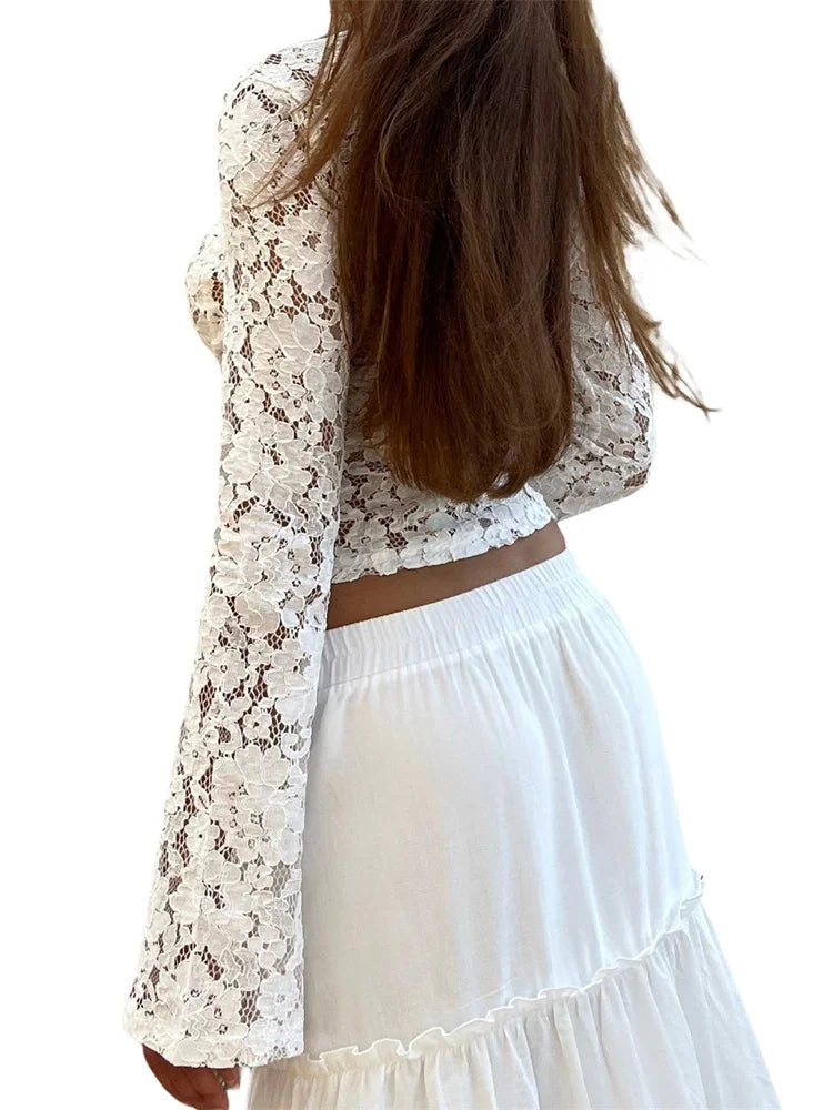Lace Hollow Out Cropped Long Flare Sleeve V-neck Slim Fit T-shirts