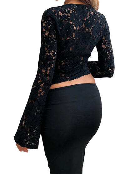 Lace Hollow Out Cropped Long Flare Sleeve V-neck Slim Fit T-shirts