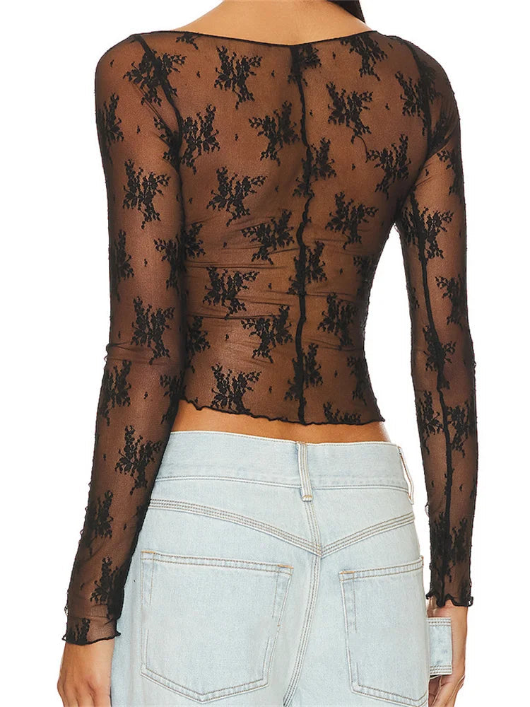 Lace Long Sleeve Asymmetrical Hem Crop Mesh See Through Black Slim T-shirts