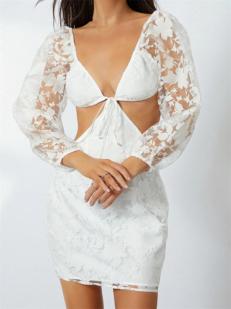 Long Sleeve V Neck Tie-up Backless See Through Mini Dresses