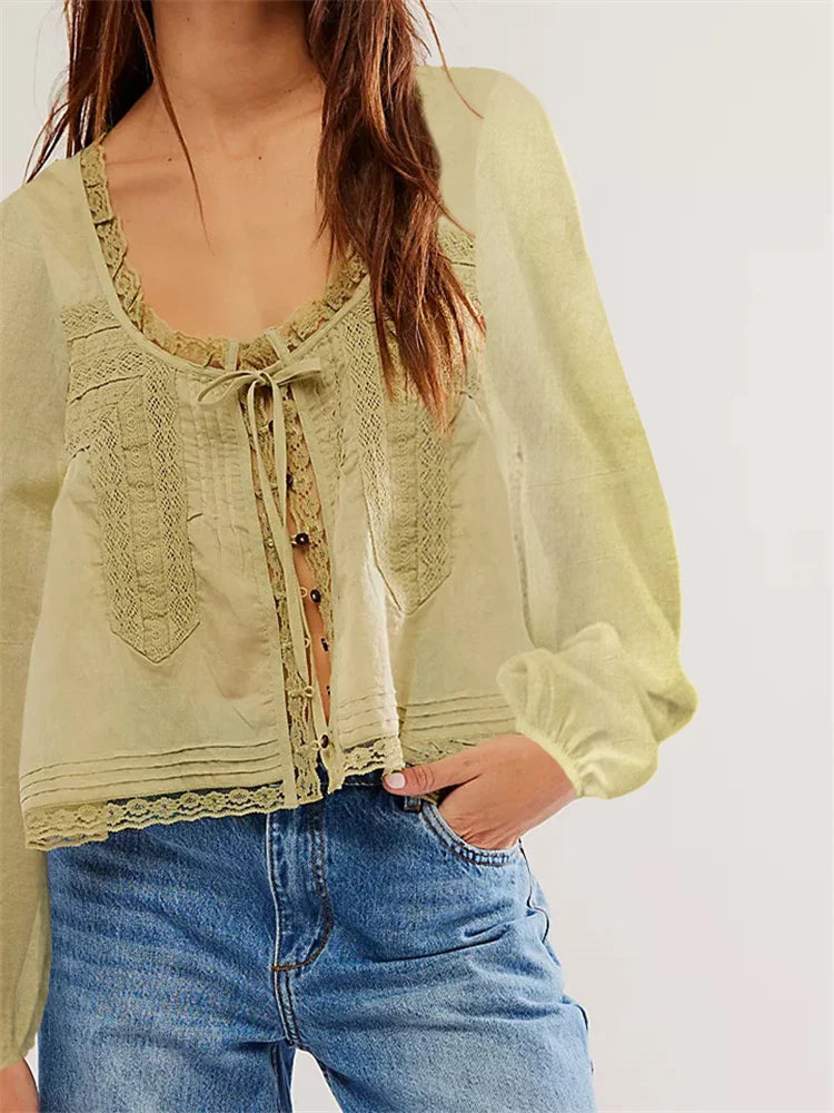 Lace Patchwork Button Tie-up Blouse