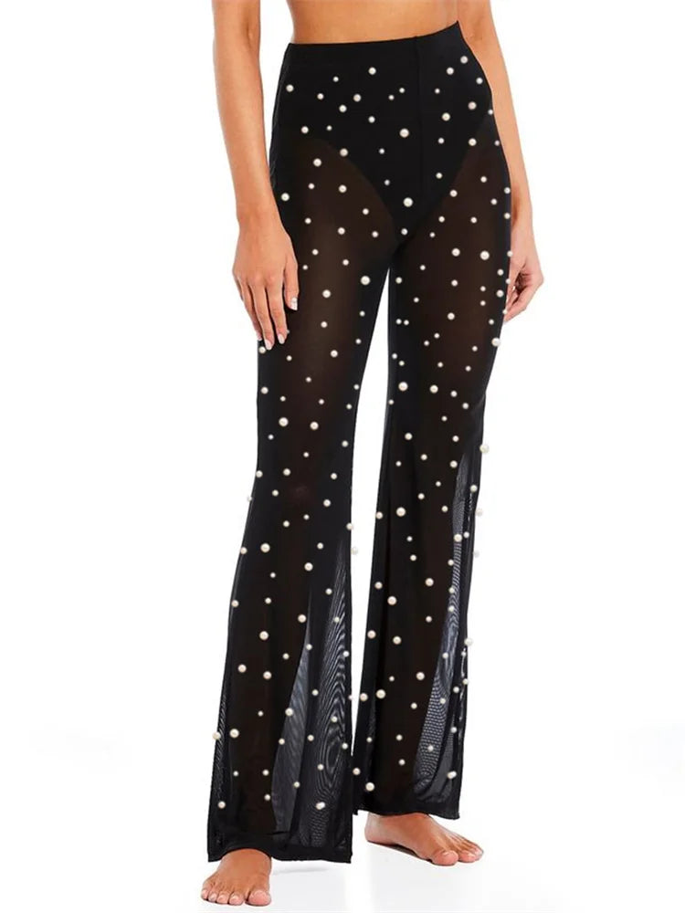 Pearl Patchwork Mesh See-through Elastic Waist Pant