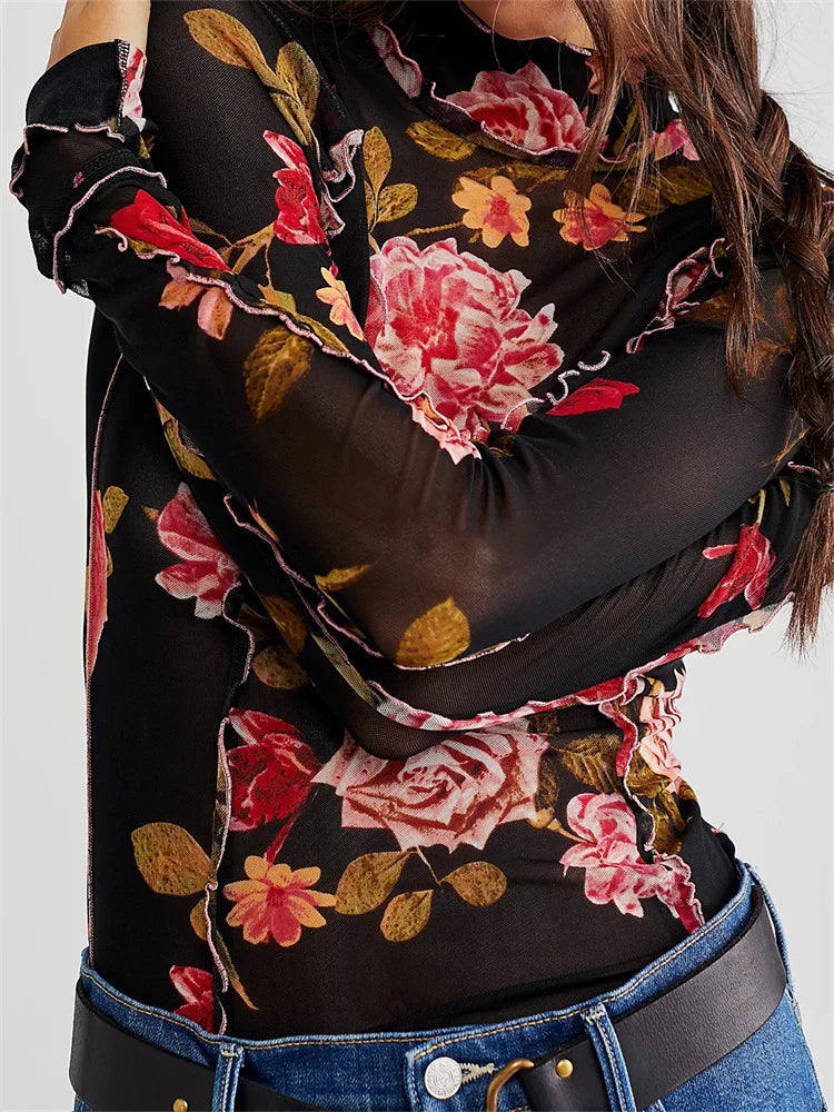Mesh Slim Fit Ruched Ruffles Print Long Sleeve High Neck Spring Summer T-shirts