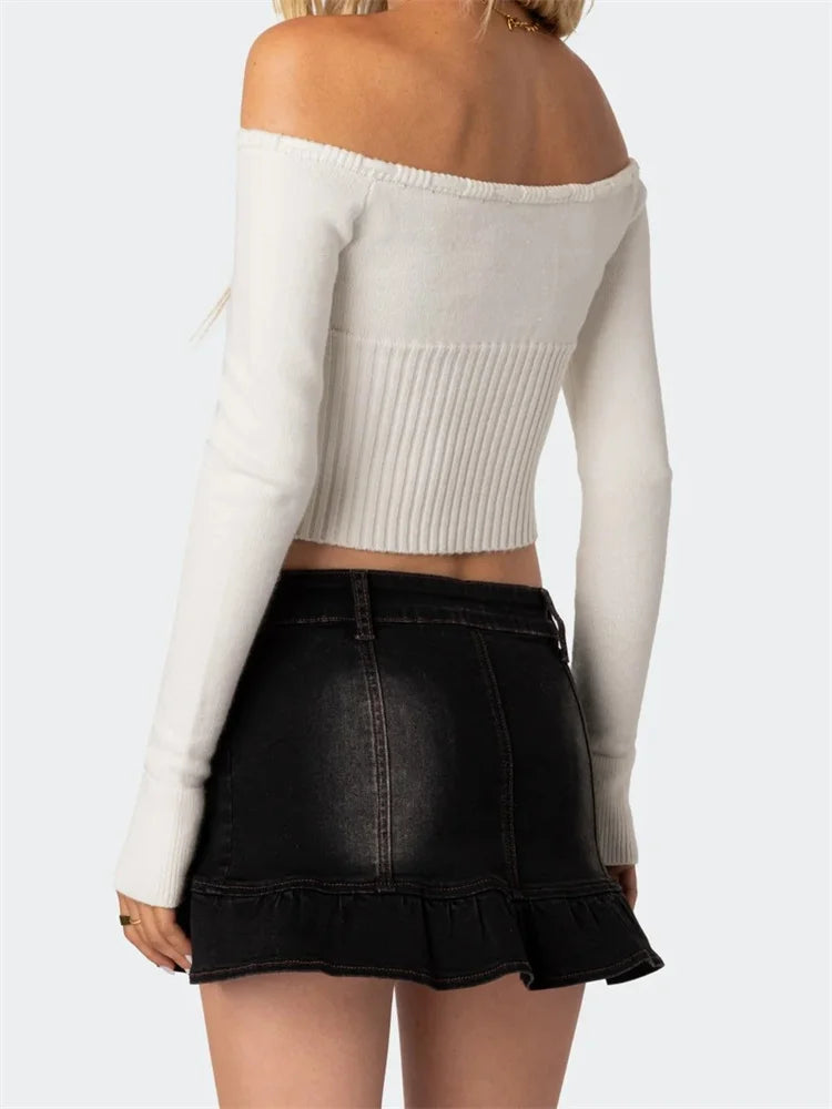 Off-shoulder Crop Knitwear Color Long Sleeve Tie-up Slim Fit T-shirts