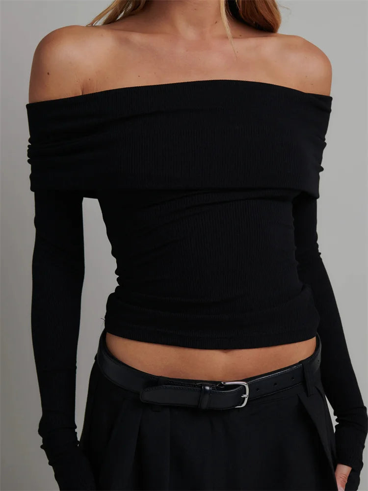Knitted Ribbed Slash Neck T-shirts