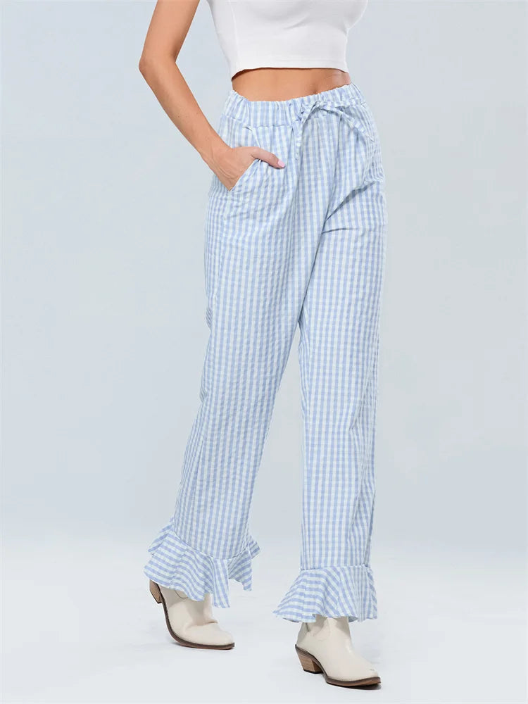 Plaid Flared Drawstring High Waist Pant