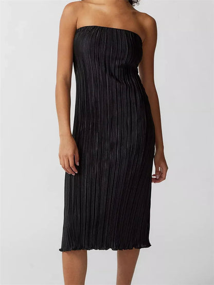 Ruched Tube Strapless Off Shoulder Color Slim Fit Midi Dress