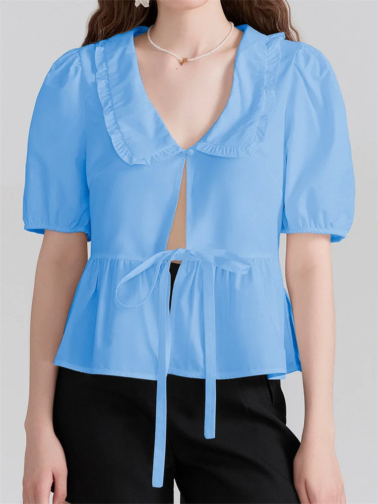 V-neck Front Bowknot Tie-up Blouse