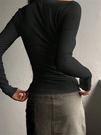 Spring Autumn Knitted Long Sleeve Color Buttons Up Ribbed V-neck T-shirts