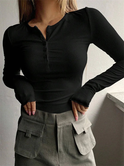 Spring Autumn Knitted Long Sleeve Color Buttons Up Ribbed V-neck T-shirts