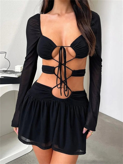 Criss-cross Tie-up Long Sleeve Mini Dresses