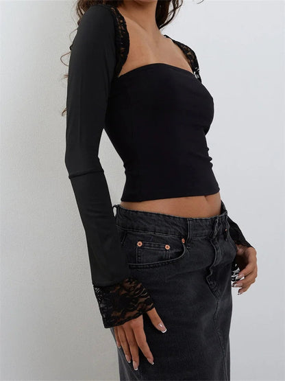 Strapless Off Shoulder Black Tube Cropped Summer Party Clubwear With Long Sleeve Lace See Through T-shirts Crop Top