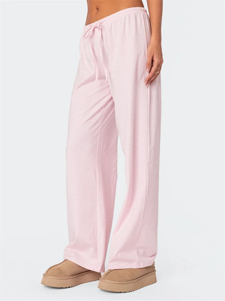 Striped Tie-up Elastic Waist Loose Pant