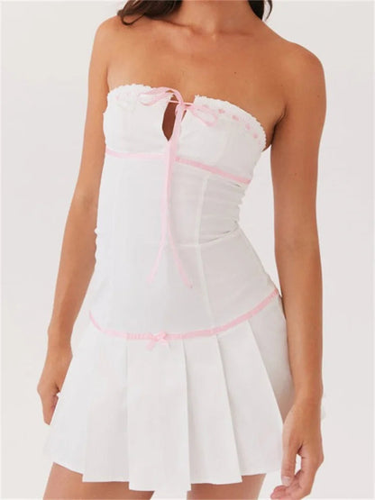 Contrast Color Strapless Bow Front Tie-up Mini Dresses
