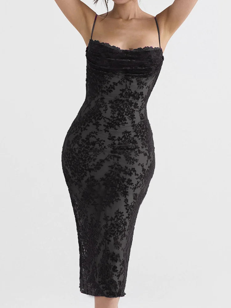 Lace Sleeveless Strap Low Cut Backless Print Midi Dress