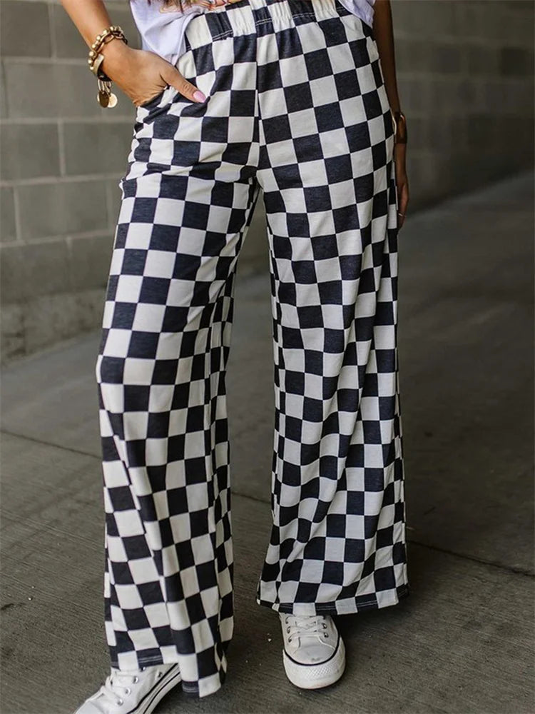 Plaid Print Wide Leg Elastic Waist Pant