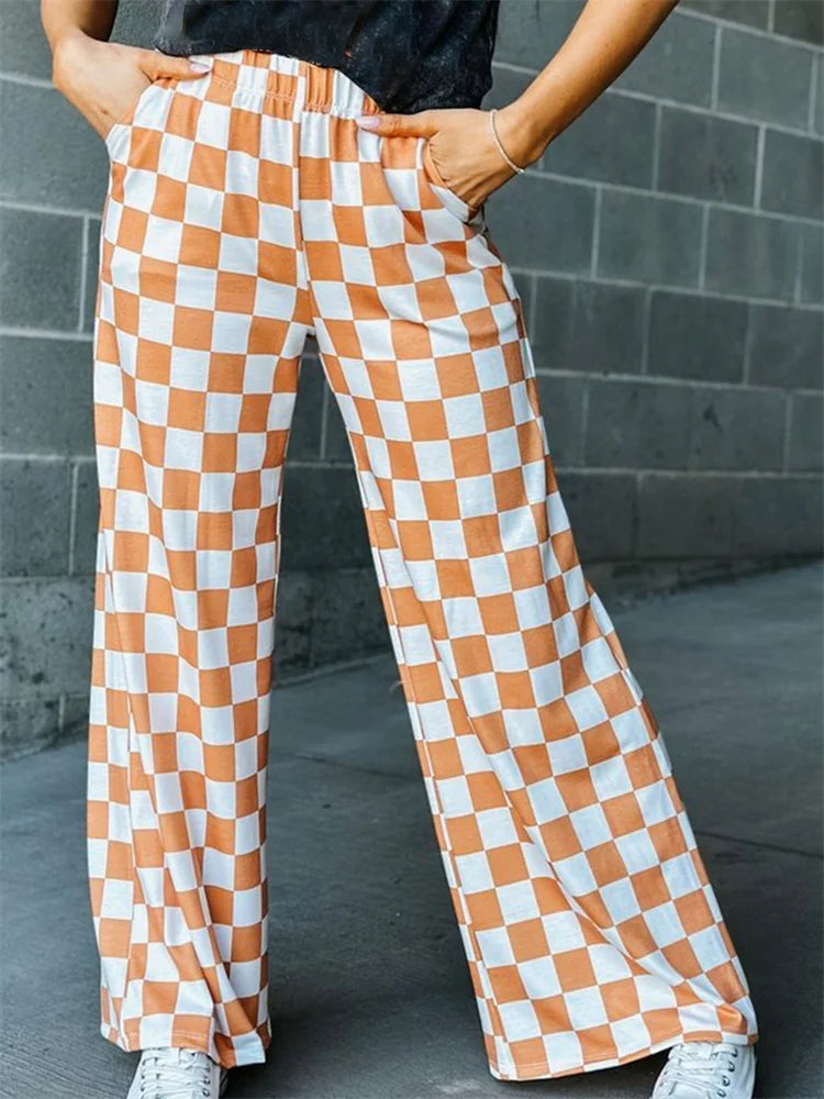 Plaid Print Wide Leg Elastic Waist Pant