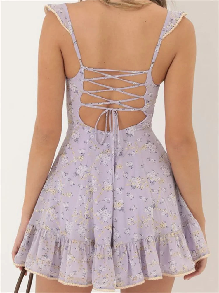 Print Criss-cross Tie-up Mini Dresses