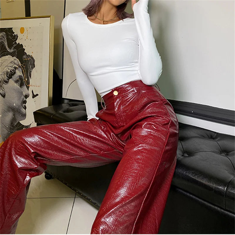 Pu Leather High Waist Button Straight-leg Punk Female Pants