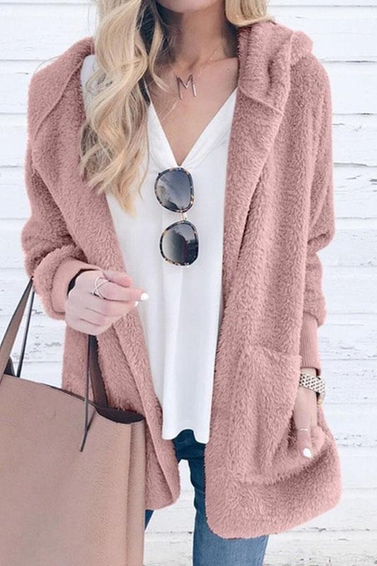 Color Plush Cap Long Sleeve Cardigan Coat