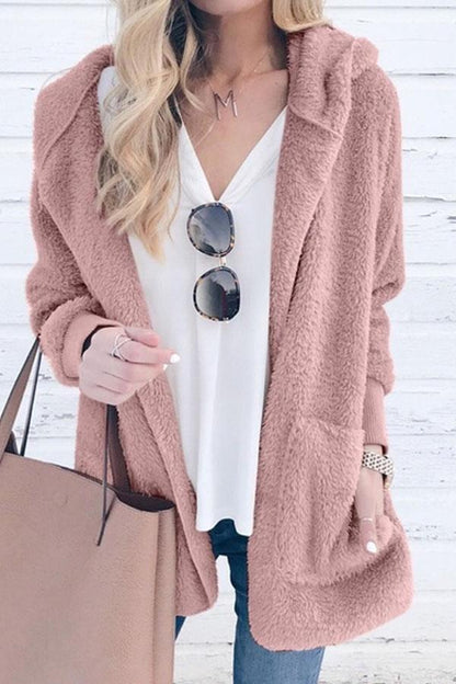 Color Plush Cap Long Sleeve Cardigan Coat
