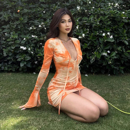 Spring Summer Abstract Print Trumpet Sleeve Bandage Mini Dresses V Neck Party Dresses