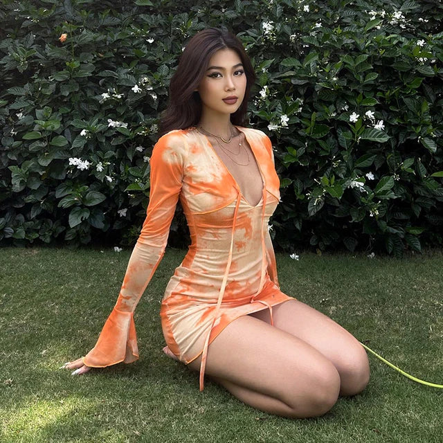 Spring Summer Abstract Print Trumpet Sleeve Bandage Mini Dresses V Neck Party Dresses