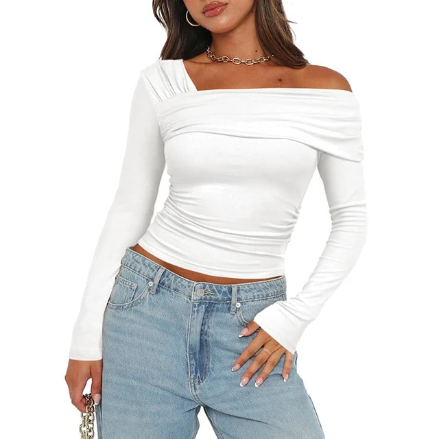 Basic Undershirt Slash Off Shoulder Full Sleeve Shirt Shrunk Soft T-shirt Autumn Versatile Street Daily Top