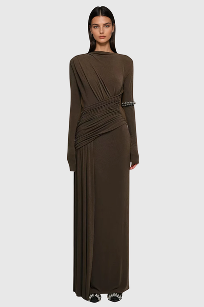 Cabdirashiid Ruch Asymmetric Maxi Dress in Brown