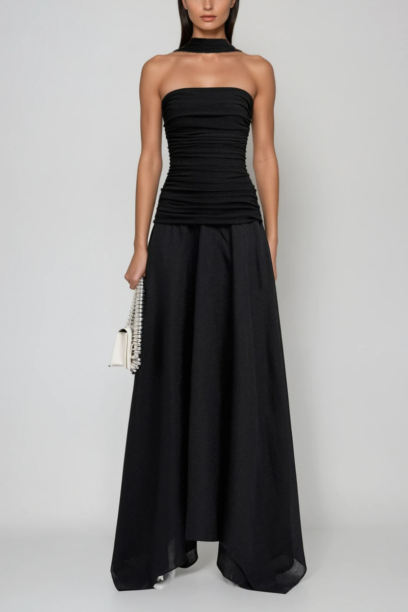 Cabdiraxmaan Ruch Drawstring Asymmetric Maxi Dress in Black