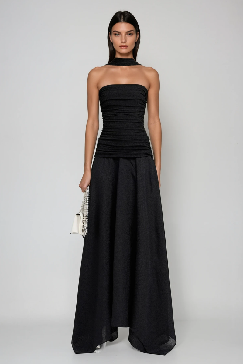 Cabdiraxmaan Ruch Drawstring Asymmetric Maxi Dress in Black