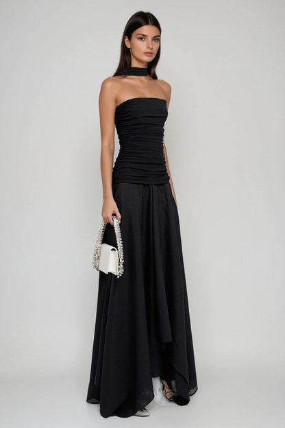 Cabdiraxmaan Ruch Drawstring Asymmetric Maxi Dress in Black