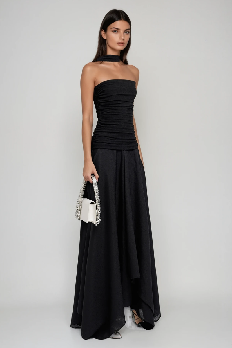 Cabdiraxmaan Ruch Drawstring Asymmetric Maxi Dress in Black