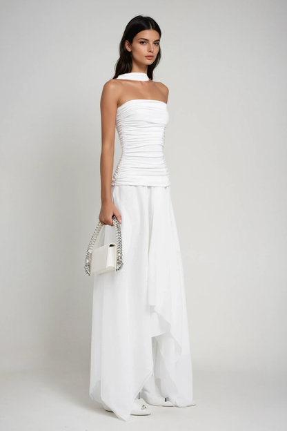 Cabdiraxmaan Ruch Drawstring Asymmetric Maxi Dress in White