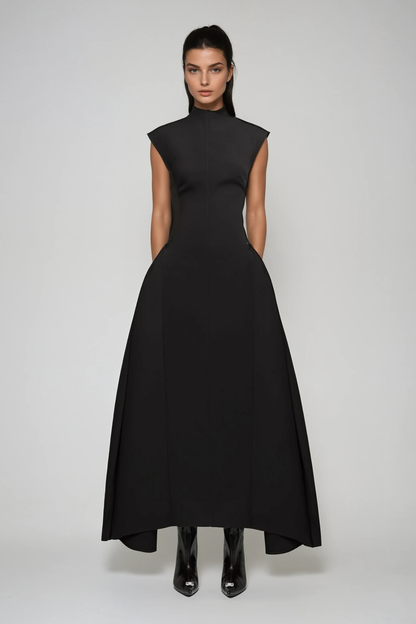 Cabdullaahi Sleeveless Asymmetric Maxi Dress in Black