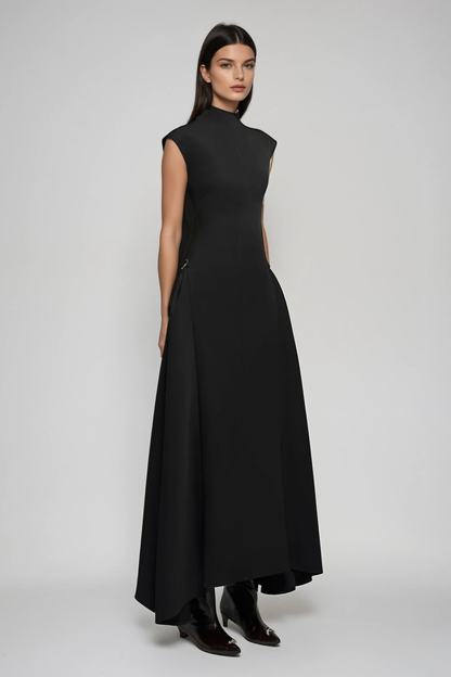 Cabdullaahi Sleeveless Asymmetric Maxi Dress in Black