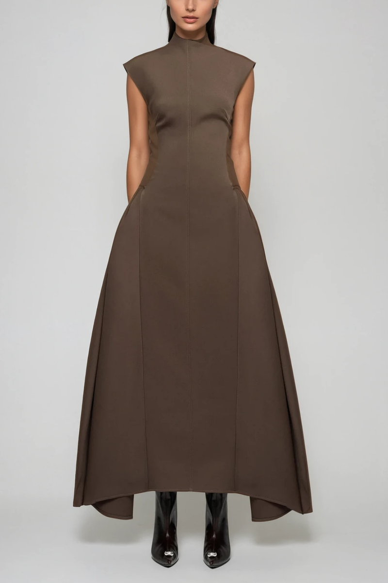 Cabdullaahi Sleeveless Asymmetric Maxi Dress in Brown