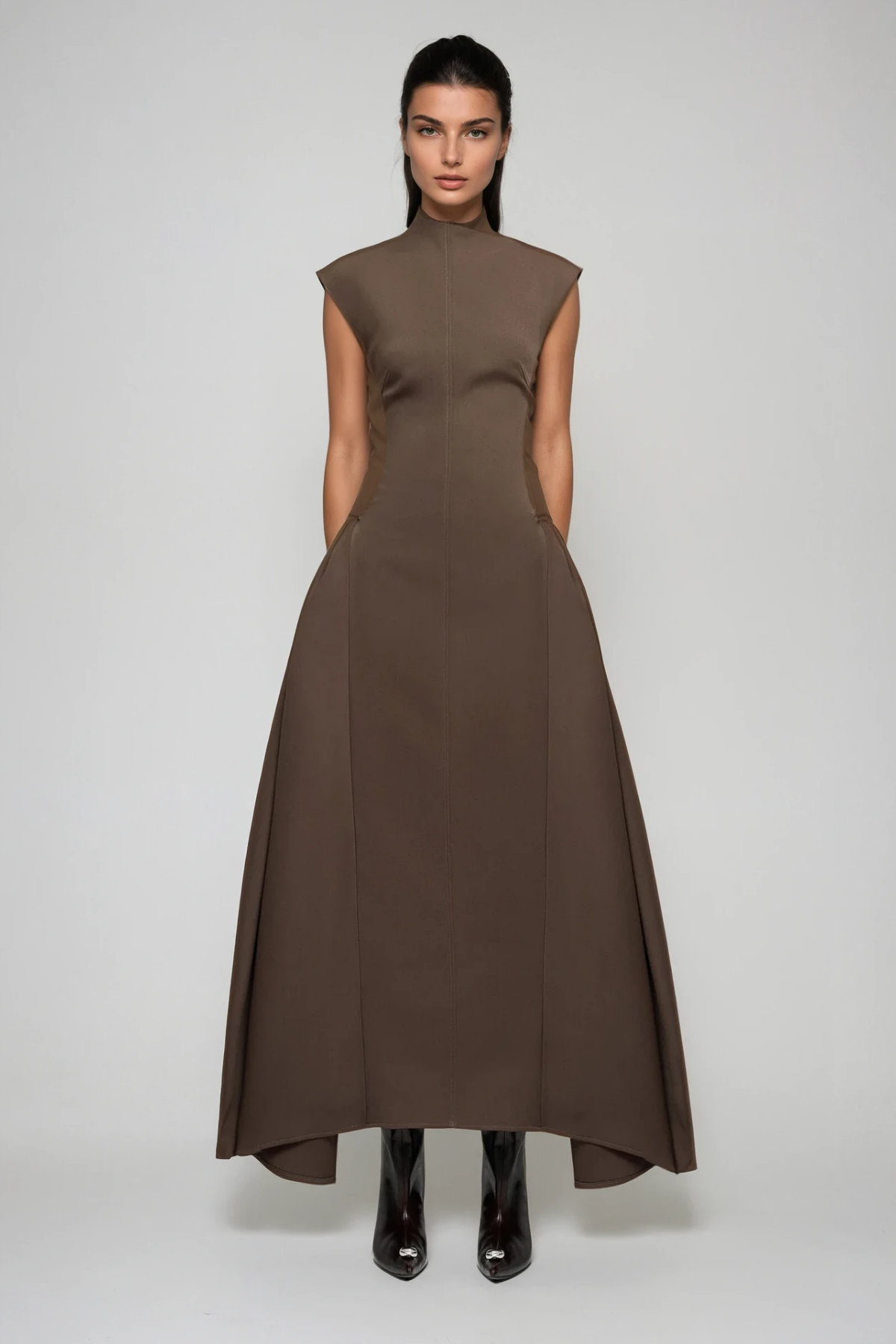 Cabdullaahi Sleeveless Asymmetric Maxi Dress in Brown