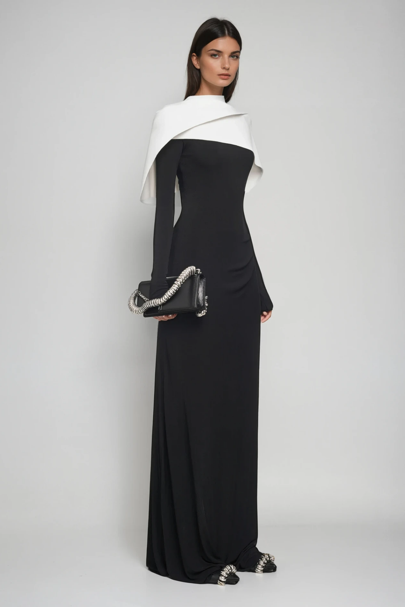 Cabdulqaadir Shawl Ruch Bodycon Maxi Dress in Black